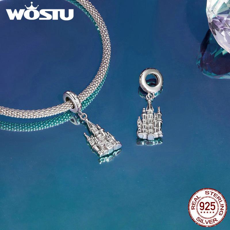 WOSTU 925 Sterling Silver Vintage Castle Beads Magic Mirror Pendant Red Crystal Heart Beads Fit Original Bracelet DIY Punk Gift