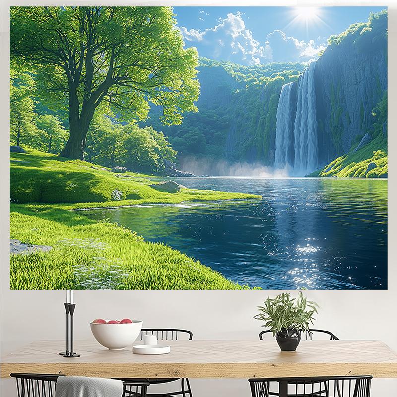 1, 2D Banner, Waterfall and Green Landscape Polyester Banner, Room and Party Decoration, Photography Background