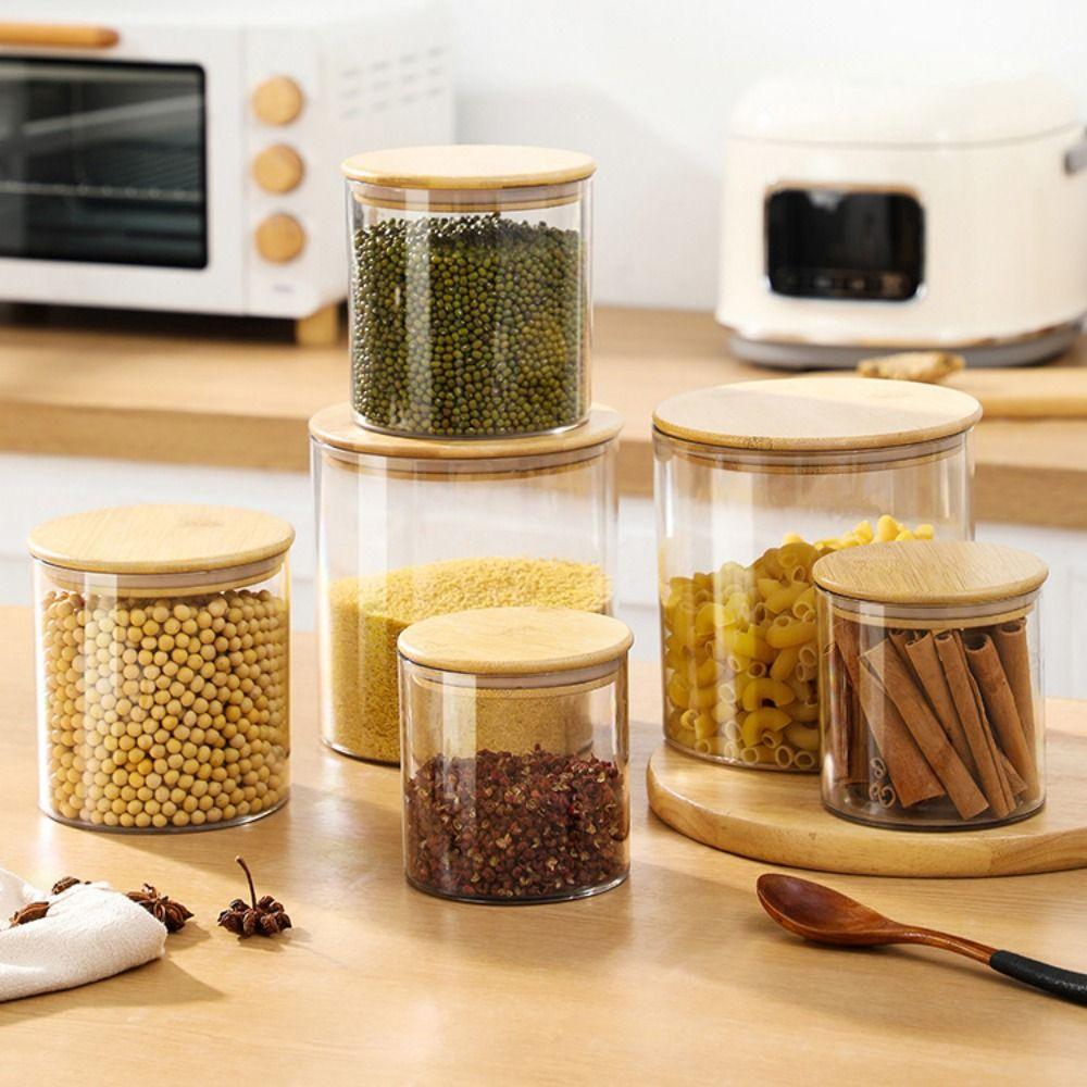 Transparent Square Storage Jars Bamboo Lids Sealed Can Spice Containers Clear Moisture Proof Pantry Organizer Kitchen