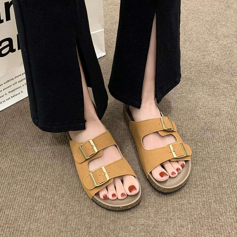Summer High Quality Women's Slippers Fashion Solid Color Open Toe Buckle Roman Women's Flat Beach Shoes