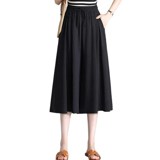 Women Casual Pants Elastic High Waist Adjustable Lace-up Wide Leg Cropped Pants Solid Color Loose Fit Lounge Culottes