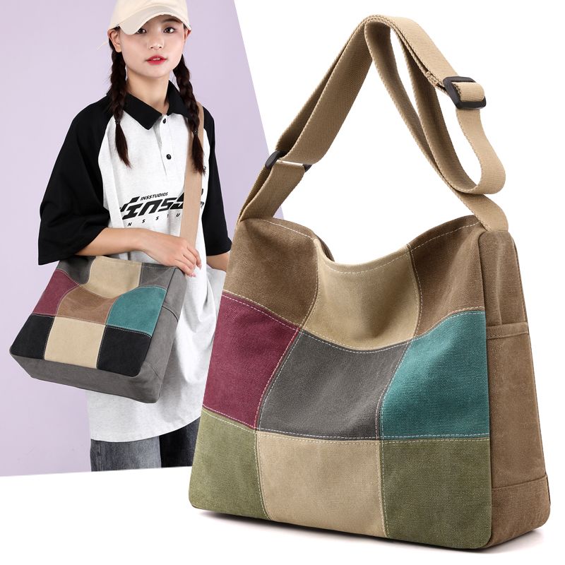 Women Color Block Patchwork Canvas Crossbody Bag Casual Shoulder Bag Fashion Outdoor Shopping