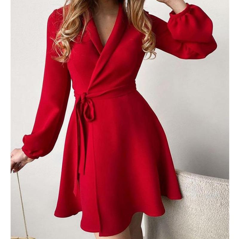 Spring Fall Women's Fashion Floral Print Long Sleeve V-Neck High Waist Casual Dress