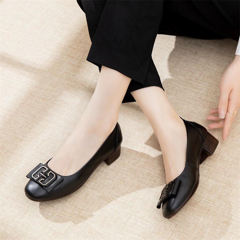 Spring PU Leather Shallow Mouth Round Head Women's Single Shoes Mid-heel Comfortable Mother Dancing Shoes Work Women's Shoes
