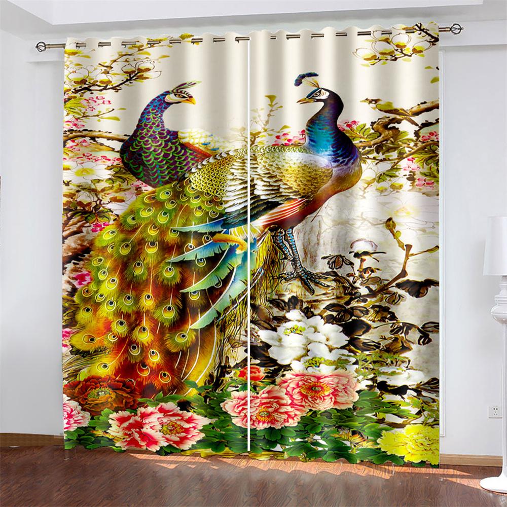 Blue Peacocks Feather Window Curtain Creative White Flowers Butterfly Chinese Style Art Print Modern Bedroom Home Decor Curtains