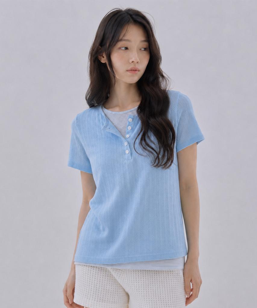 Sayu Soft Layered Henley Neck Short Sleeve Tee Light Blue