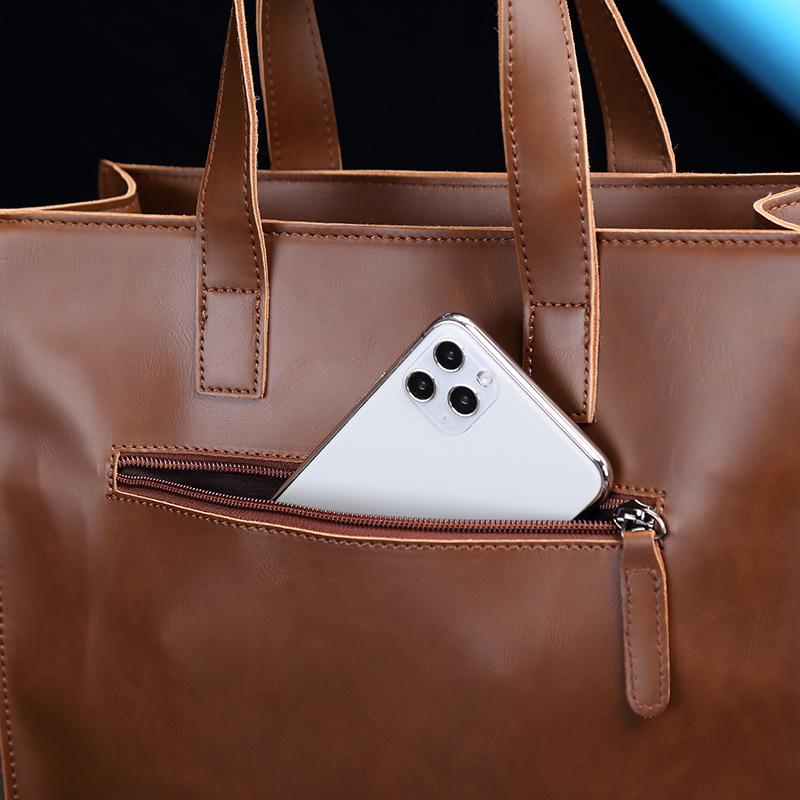 Men's Vertical Fashion Retro Crazy Horse Pu Leather Tote Bag Trendy Messenger Handbag Men's Shoulder Bag
