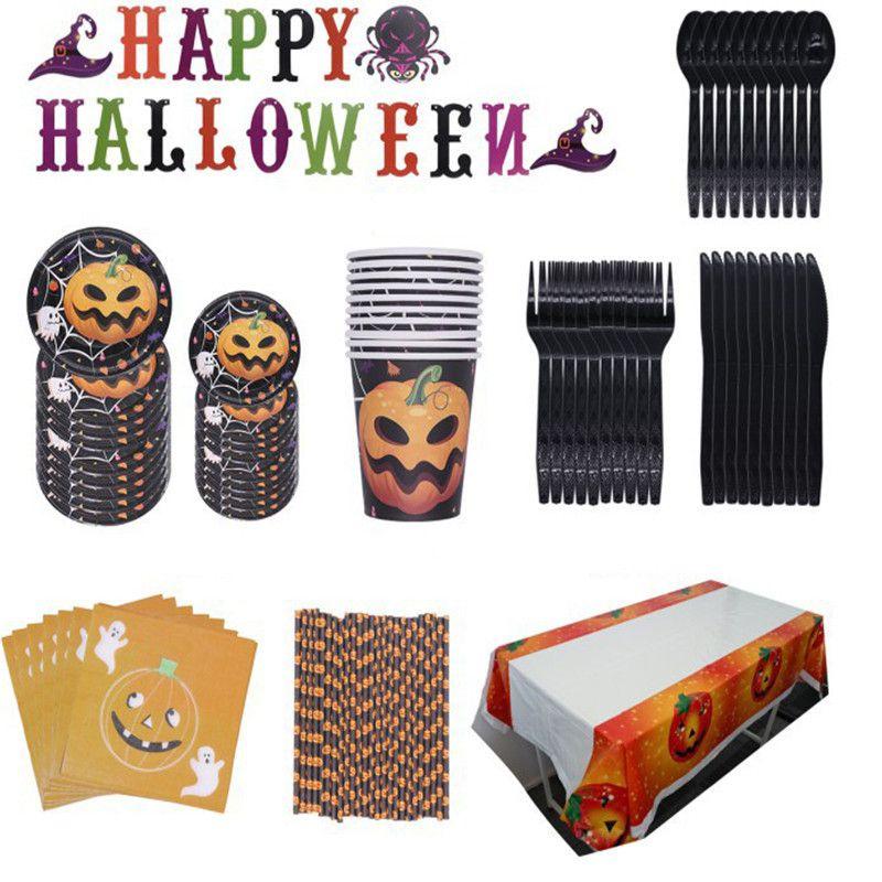 Halloween feestdecoratie inclusief pompoen tafelkleed en rietjes**