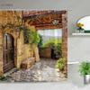 Straße Gebäude Landschaft Dusche Vorhang Blume Pflanze Retro Alte Tür Sommer Ländliche Landschaft Badezimmer Vorhang Hintergrund Wand Dekor