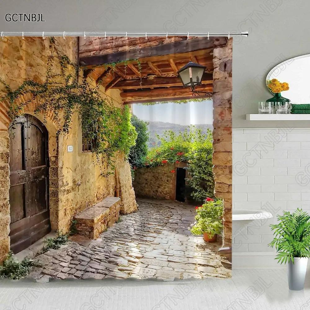 Straße Gebäude Landschaft Dusche Vorhang Blume Pflanze Retro Alte Tür Sommer Ländliche Landschaft Badezimmer Vorhang Hintergrund Wand Dekor
