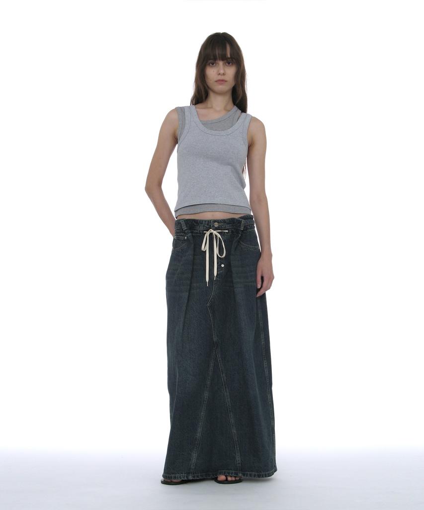 Partimento Woman Drawstring Denim Maxi Skirt_Dark Blue