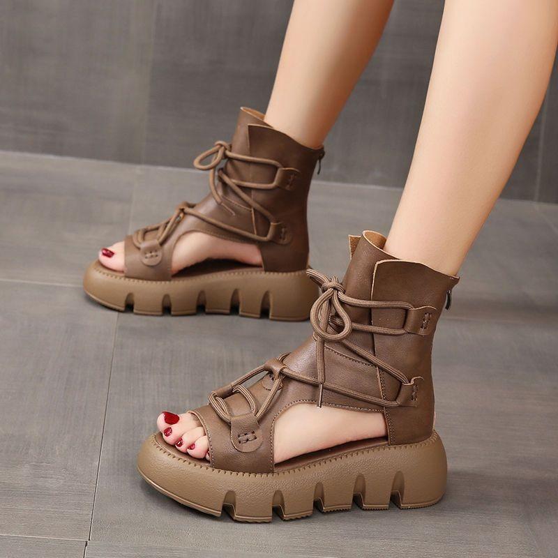 2026 New Summer Black Women Pu Leather Sandals Cool Ankle Boots Platform Shoes Wedges Women's Sandals Fashion Outdoor Sandalias