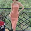 French Exquisite Retro Summer Halter Dress - Slim Fit, Bodycon with Slit, Spaghetti Straps, Royal Sister Style.
