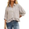 Women's Fashion Commuting Striped Lace Hem Loose Shirt Quarter Sleeve Shirt