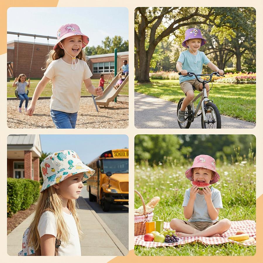 Kids' Cartoon Dinosaur Bucket Hat - Spring/Summer Mesh Sun Protection for Boys & Girls