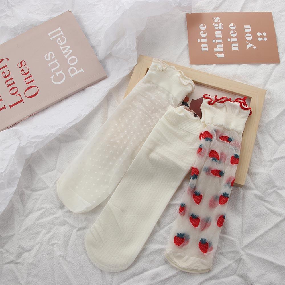 Transparent Girls Japanese Lace Strawberry Ruffles Tube Socks Lolita Socks Women Hosiery Cartoon