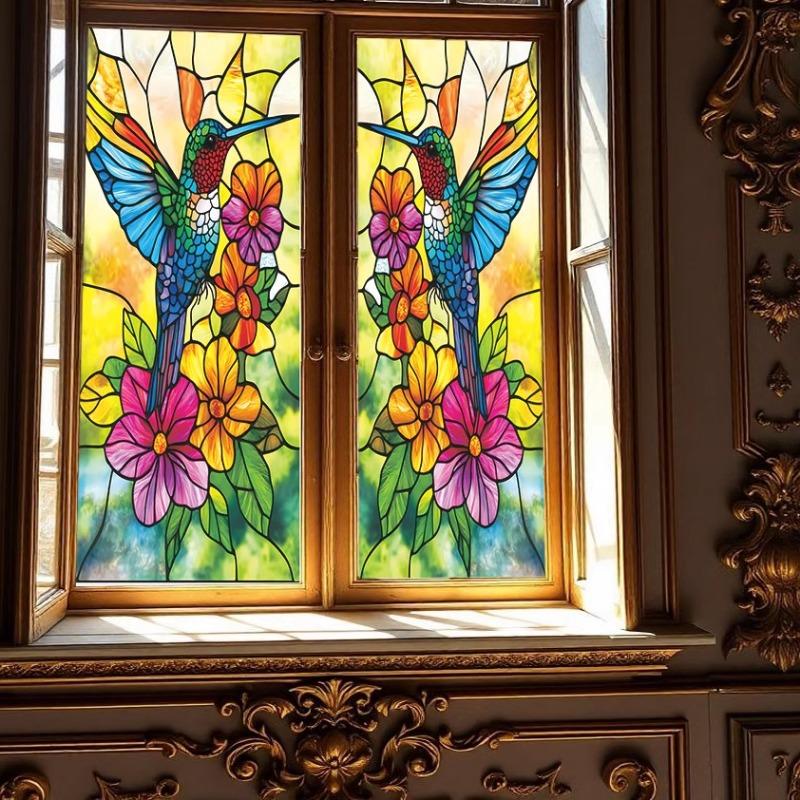 Kleurrijke Statische Raamstickers Retro Bloemen Vogel Stickertjes Verwijderbare Raam Privacy Glas-in-lood Decoratie Folie Voor Huis