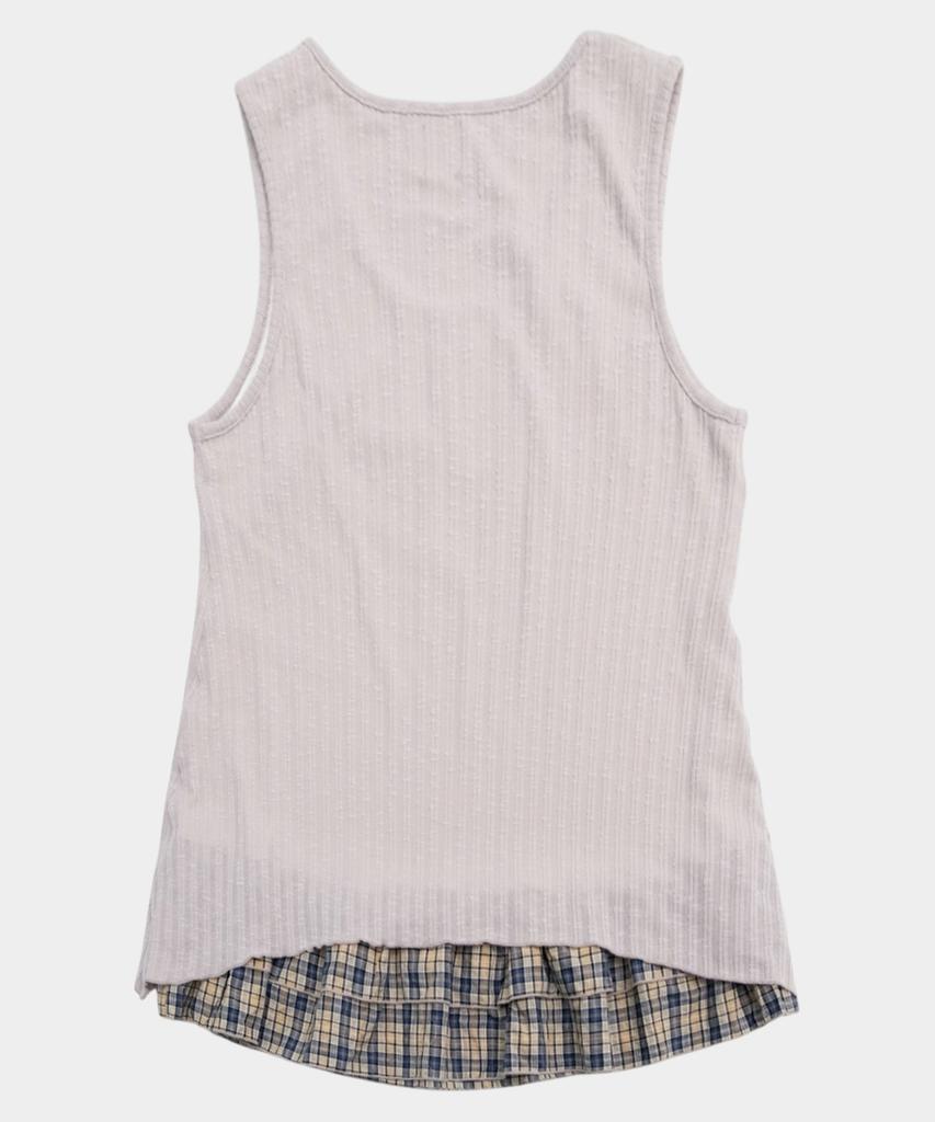 Some Place Check Layered Flower Snap Point Shirred Sleeveless Mini Flare Dress [Pink]