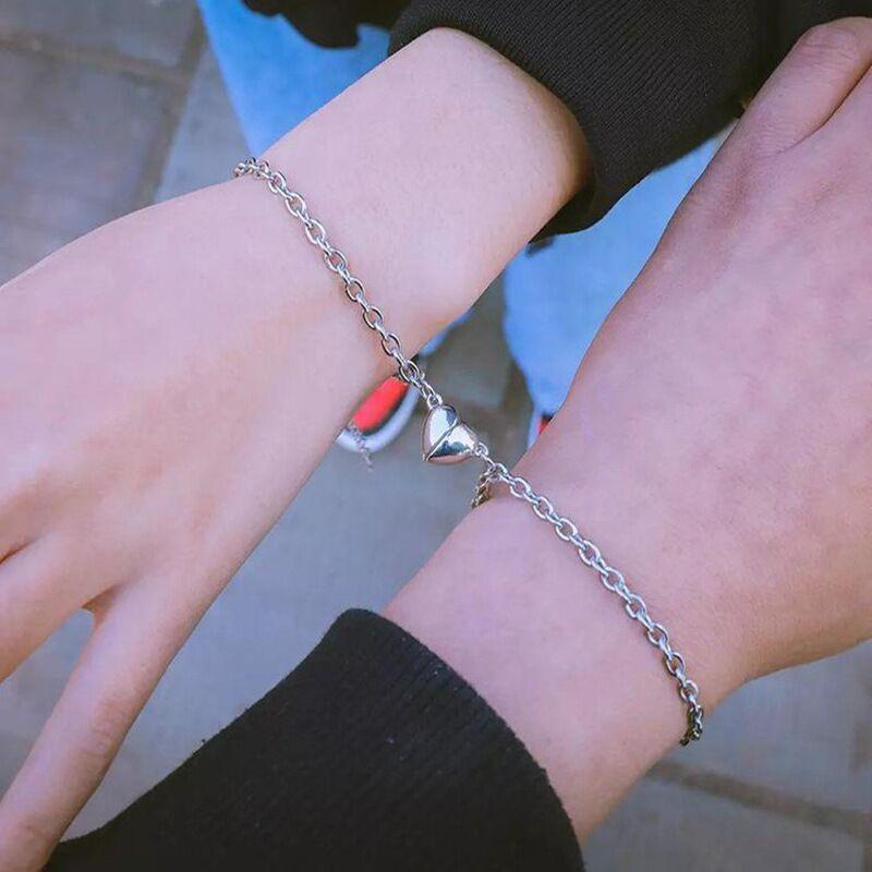 JWER 2Pcs Punk Magnet Couple Bracelet for Women Alloy Romantic Magnet Men Paired Jewelry Valentine's Day gift Silver Color