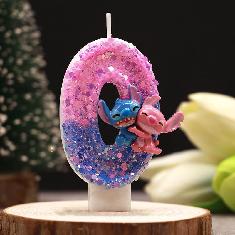 Stitch Angel Number Candle Glitter Pink Blue Cartoon Character Birthday Cake Topper Candle Kids Party Decor Gift