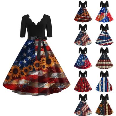Women's Casual And Fashionable Independent Day Printed V-Neck Seven Point Cuff Waist Belt Dress