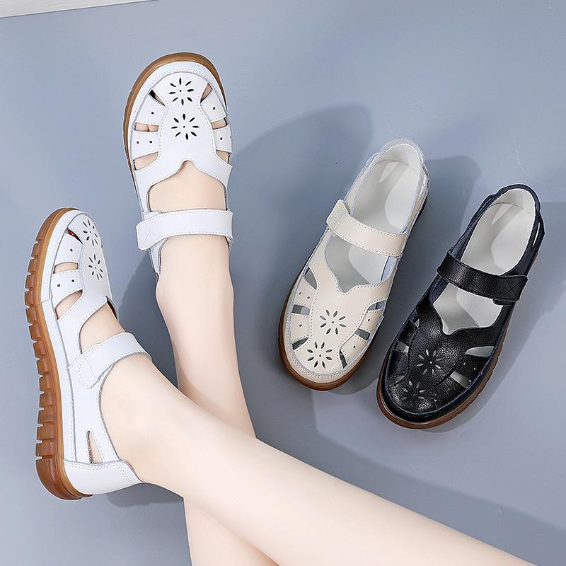 Women Comfy Round Toe Buckle Sandals Casual Lightweight Hollow Out Summer Shoes Retro Style PU Leather Wedge Beach Slippers
