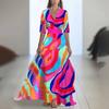 Lässiges und modisches langes Kleid mit farbigem Patchwork-Print und V-Ausschnitt für Damen