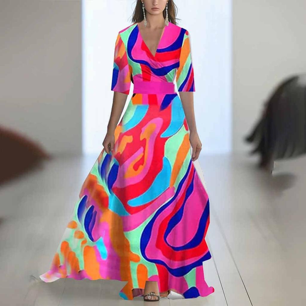 Lässiges und modisches langes Kleid mit farbigem Patchwork-Print und V-Ausschnitt für Damen