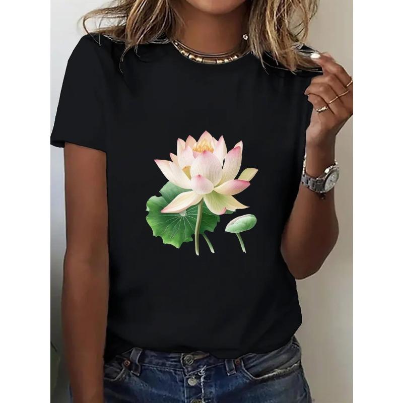 Women Y2K Lotus Flower T-Shirt Black Pink Green Botanical Print Round Neck Short Sleeve Spring Summer Fall Casual Top