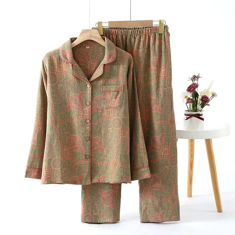 Höst Långärmade Pyjamas med Bomullsgarnfärgad Jacquardmönster i Etnisk Stil för Damer, 2 Delar, Loungekläder