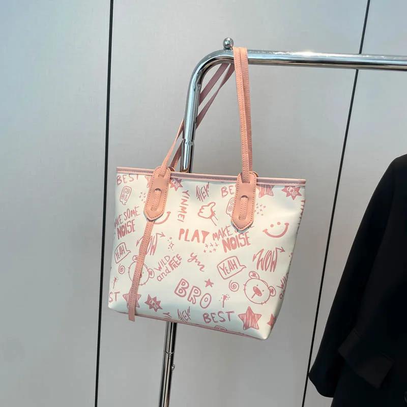 New Cute Carto Printed Shoulder Bag, Large Capacity Underarm Bag, Sweet and Artistic Tote Bags, Fashiable Zipper Closure
