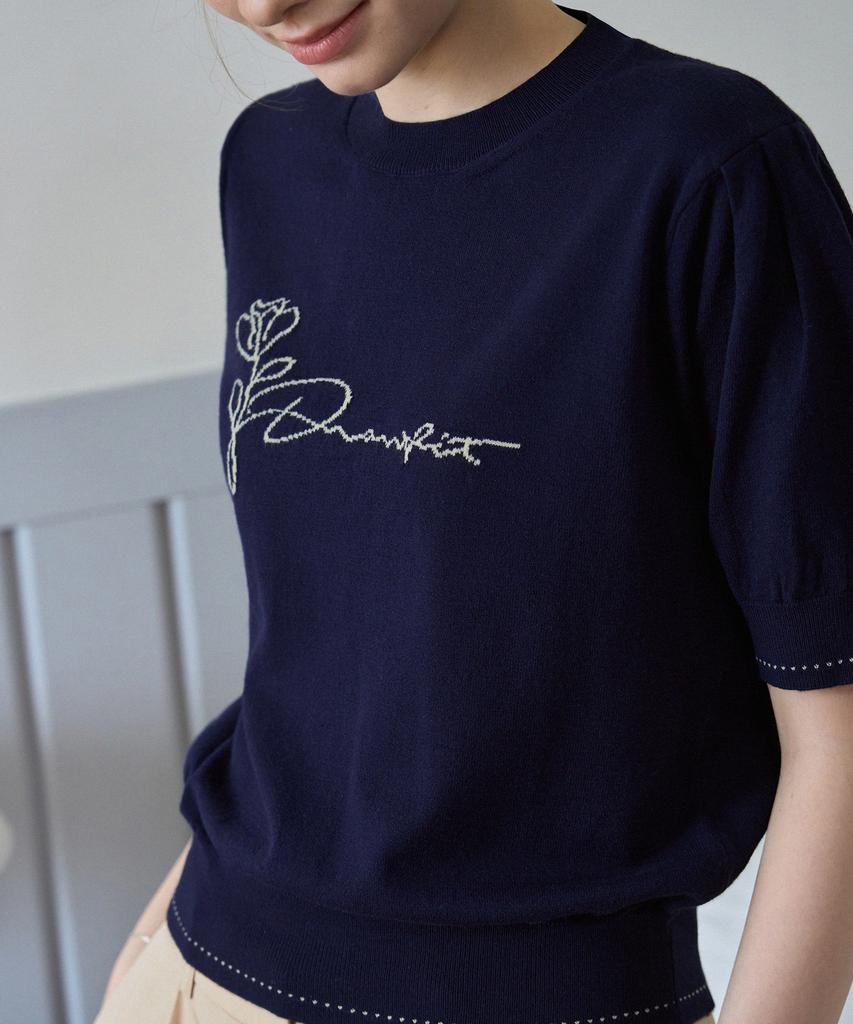 Deuloupisumeon Flower Jacquard Puff Short Sleeve Knit [Navy]