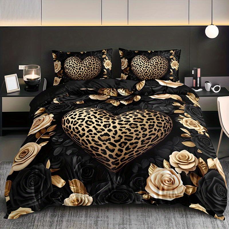 2/3Pcs Leopard Print Heart Rose Duvet Cover Set, HD Luxury Vintage Style Bedding with Pillowcases, All Season Home Dorm Decor