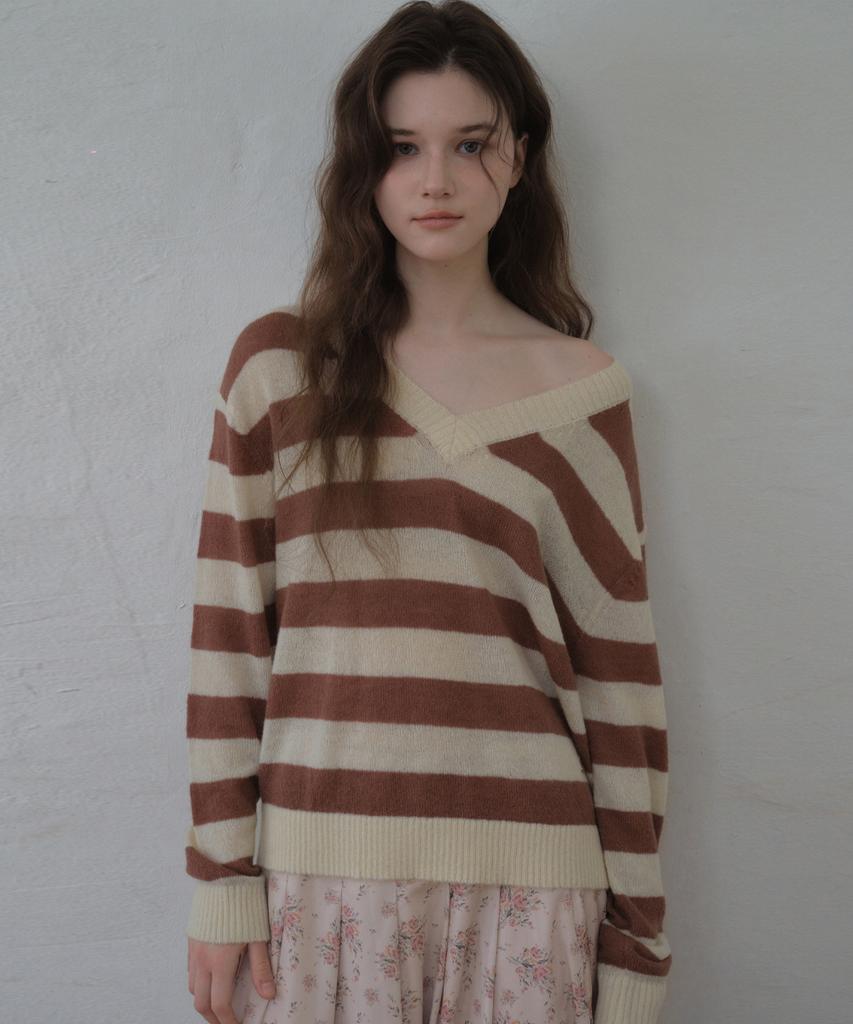 Aueonoseuteljia Hairy Stripe V-Neck Knit_Brick Mocha(Oc26Kn13)