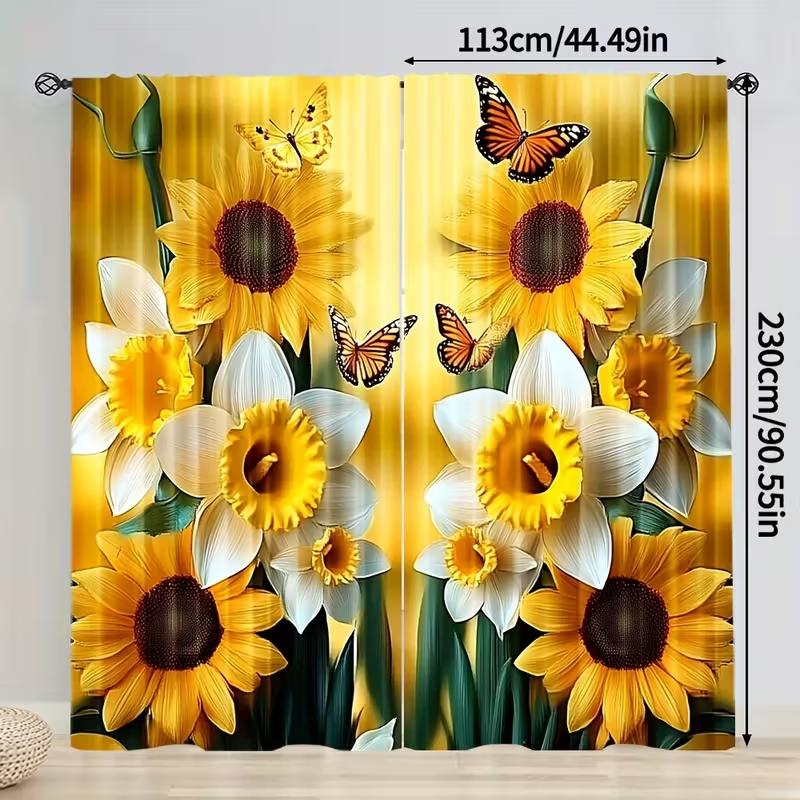 2 Pcs Sunflower butterfly print curtains  suitable for bedroom  living room kitchen decoration  home decoration  window decoration