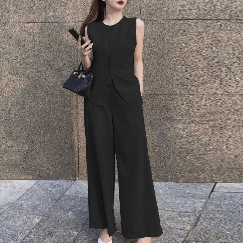 ZANZEA Summer Outfits Womens Tops and Wide Leg Pants Casual Two Piece Suit Set