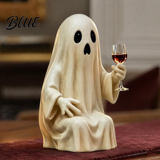 Entrance Halloween Ornament Ghost Skeleton Figurine, Spooky Drunk Holding Wine Glass Resin Sculpture, Gothic Desk Figure Decor for Bar Bookshelf,