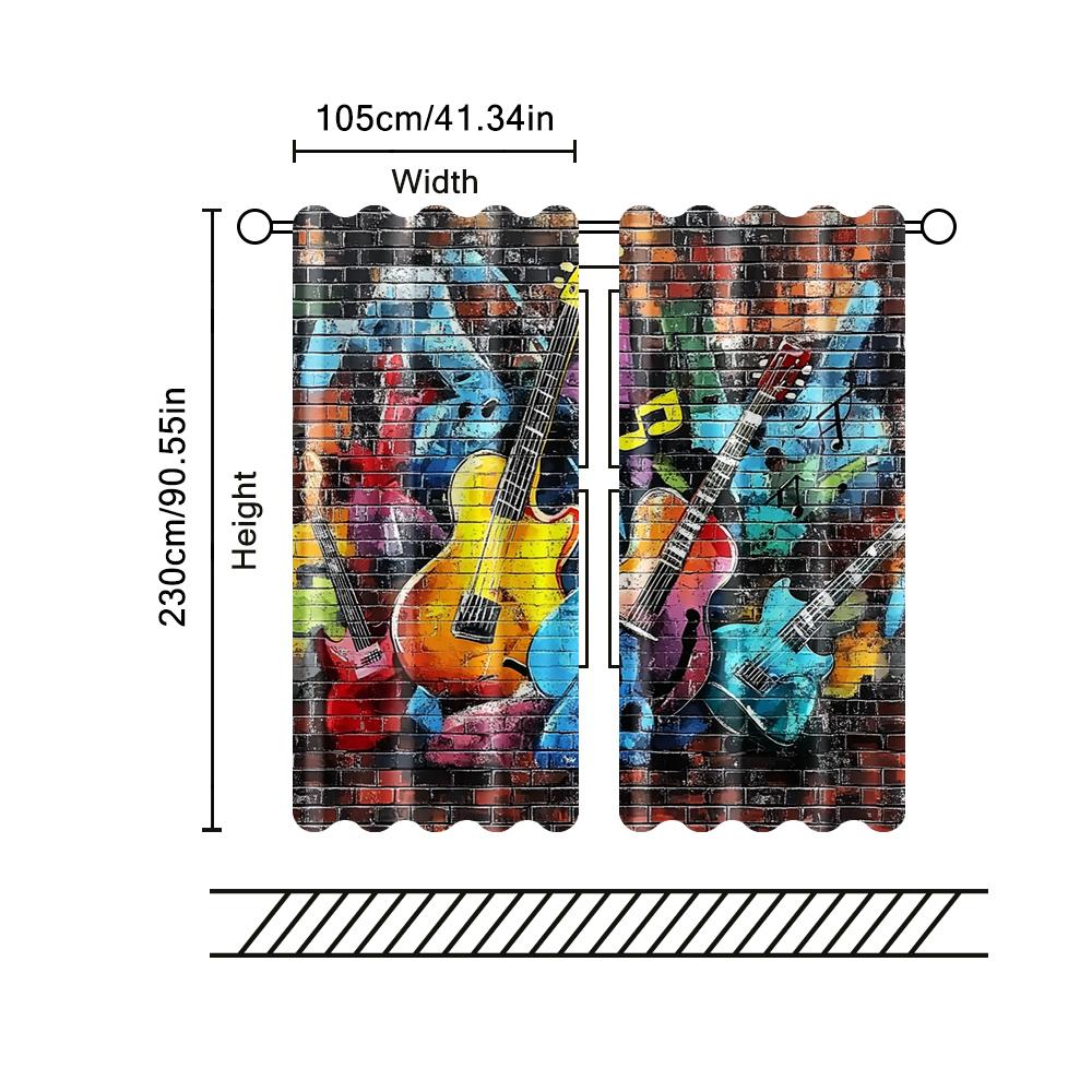 2 Pcs   Filtering Curtains (excluding Rods   Non-movable   Without Batteries) 80 's 90 's Graffiti Brick Wall Music Theme for Use
