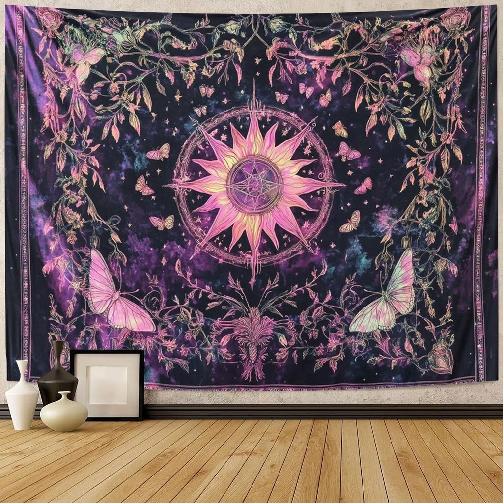 VIKAMA Purple Pink Starry Sky Sun Butterfly Tapestry Bohemian Mysterious Flower Totem Background Cloth Living Room Decoration