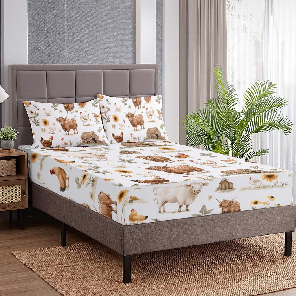 Cow Chicken Farm Pattern Bedding Set Of Three Pieces With Two Pillowcases, Suitable For Bedroom Beds (Traditional, Holiday Gift)