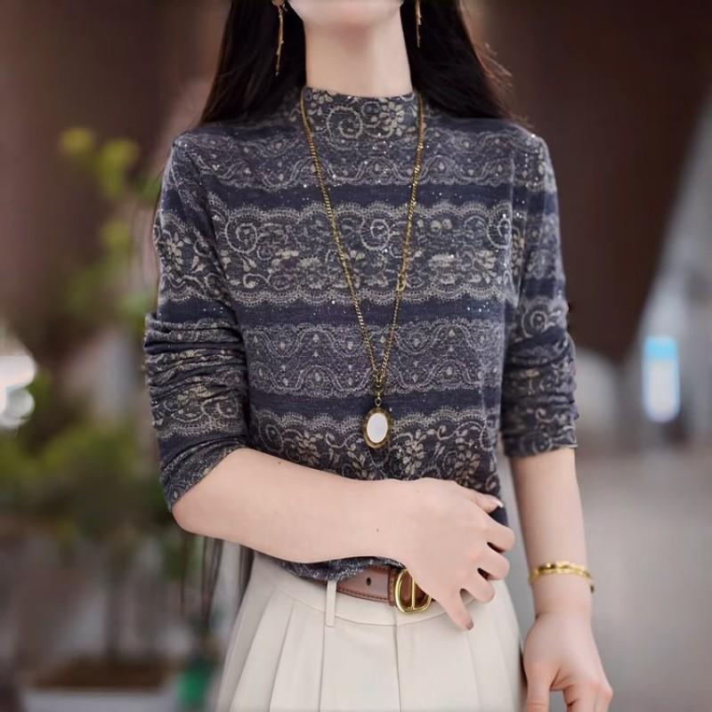 Womens Retro Half Turtleneck Printed Long Sleeve Top Winter - Soft Regular Fit Plus Size
