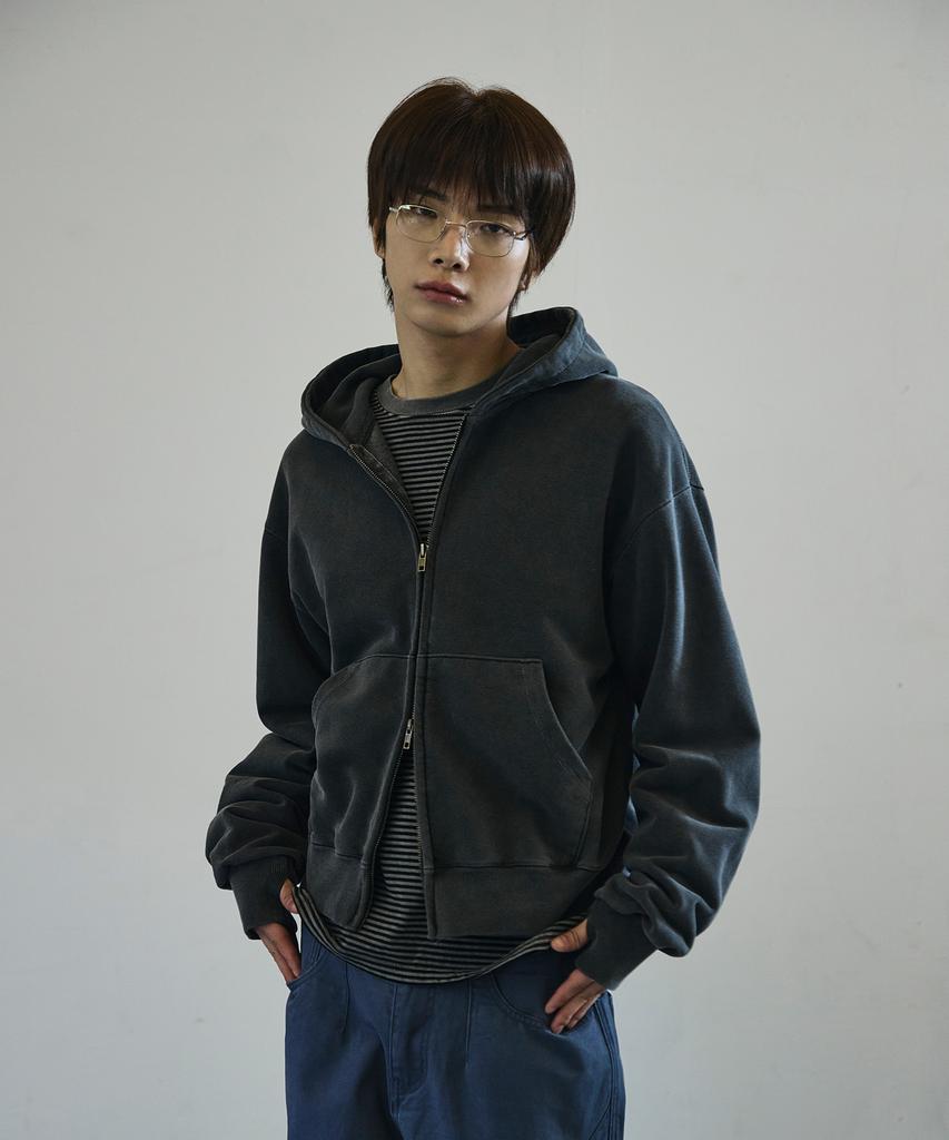 Scrattle_Pixel Vtg Crop Layer Pigment Hoodie Zip-Up [Black]
