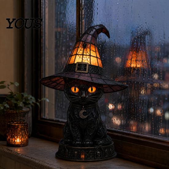 Bookshelf Accent Lamp Halloween Witch Cat Night Light, Resin Table with Warm Hat Glow, Gothic Home Decor for Bedroom Shelf, Spooky Gift Atmospheric