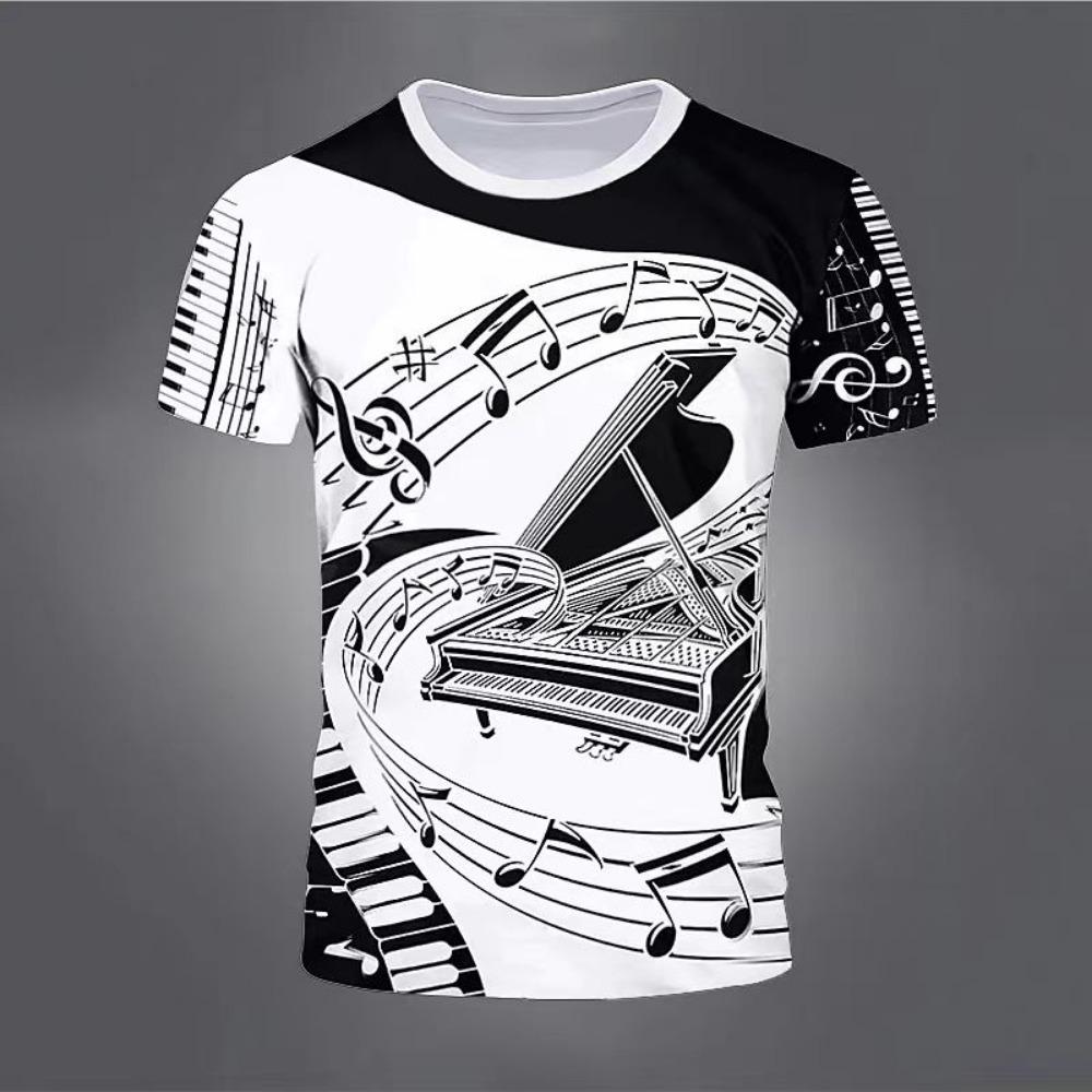 Retro Men'S T-Shirt 3d Music Notes Printed Men Clothing Daily Casual Short Sleeve Street Designer Tees Top Loose Oversized Shirt