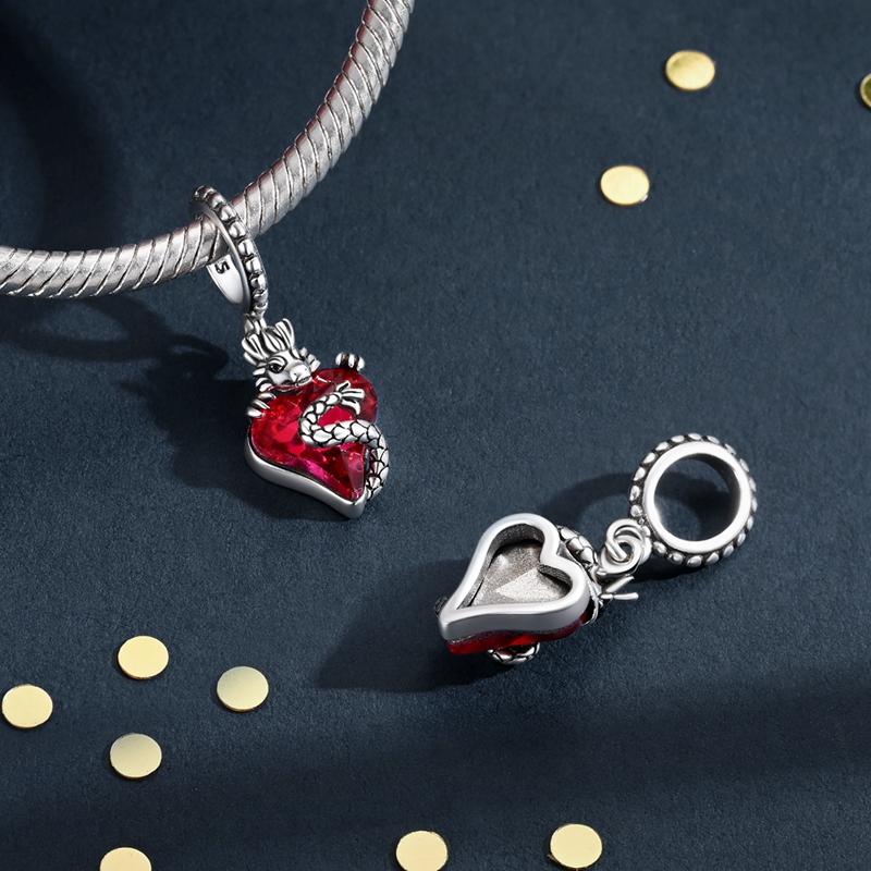 copper Red Heart Chinese Dragon Pendant Long Charm Compatible With Authentic Charm Bracelets Women Do It Yourself Jewellery Gift
