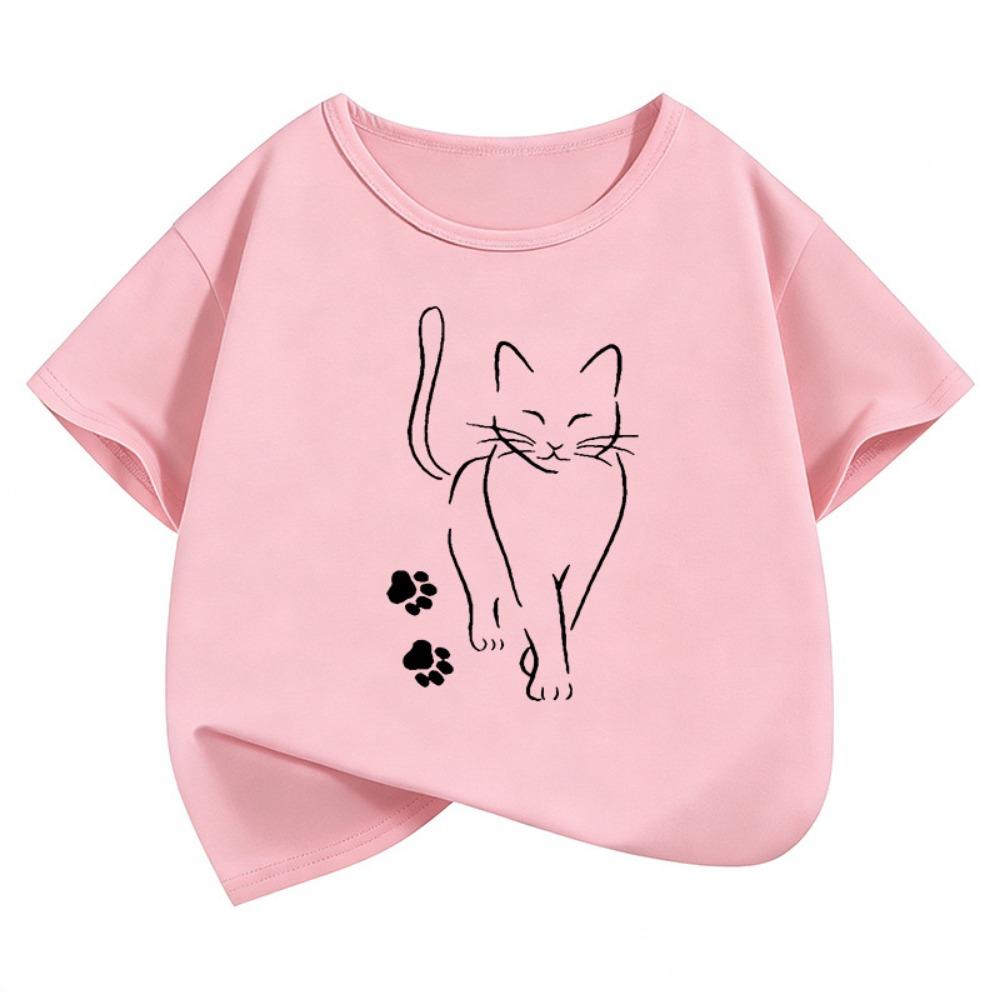Cute Cat with Paw Kids Tshirts Summer Short Sleeve Tees Cartoon Boys Girls Clothes Kawaii Kitten Tops Y2K Children T-shirt