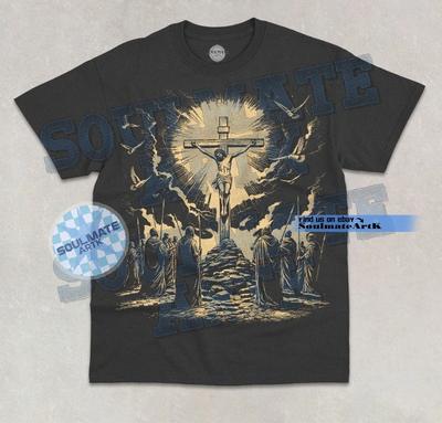 Maglietta Scena della Crocifissione di Gesù Grafica di Gesù Cristiano Religioso Maglietta Unisex