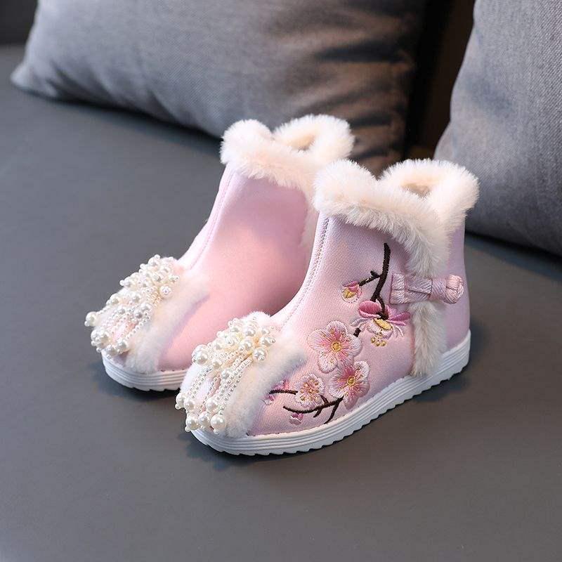 Kids' Hanfu Fleece-Lined Cotton Boots - 2026 Winter Style, Traditional Chinese Embroidered Costume Shoes for Girls