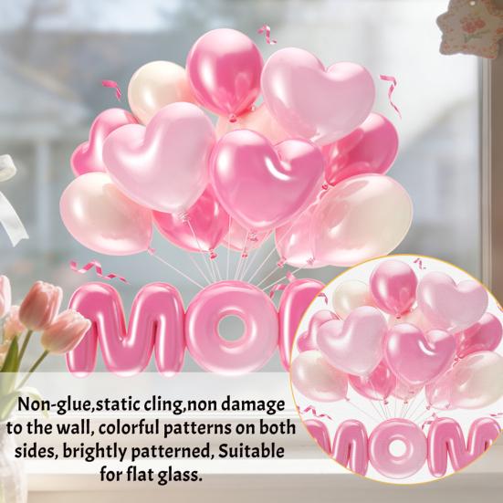 Muttertag Fensteraufkleber Wasserdicht Rosa Herzen Ballons Dekorativer Aufkleber Statische Glasaufkleber für Zuhause Büro Geschäft Glastür Fenster