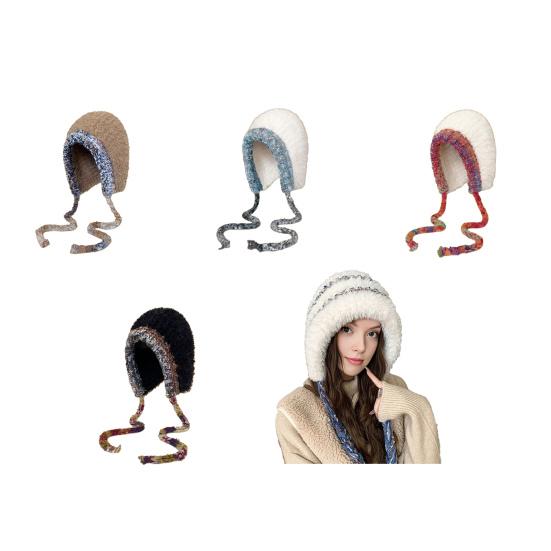 Damen Mütze Patchwork Farbe Elastisches Design Gestrickte Wintermütze Ohrenschutz Verdickt Warm Winddicht Hut Outdoor-Aktivitäten Accessoire